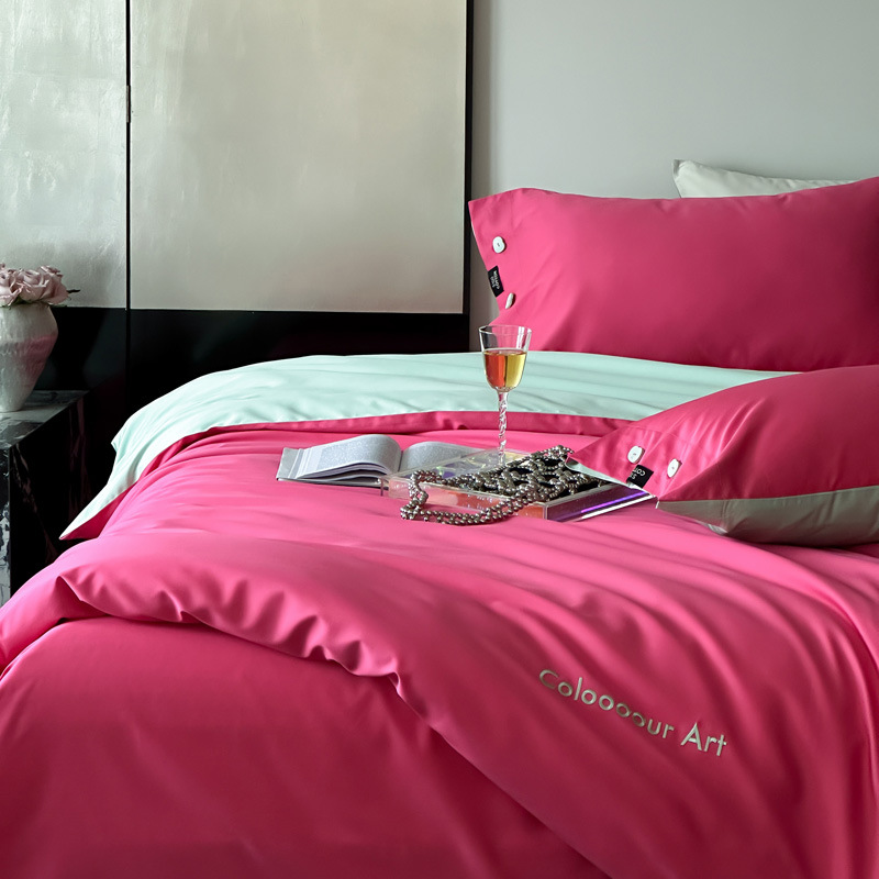 Simple, light luxury and fashionable solid-color long-staple cotton four-piece set, pure cotton letter-embroidered duvet cover, double bedding pic 73