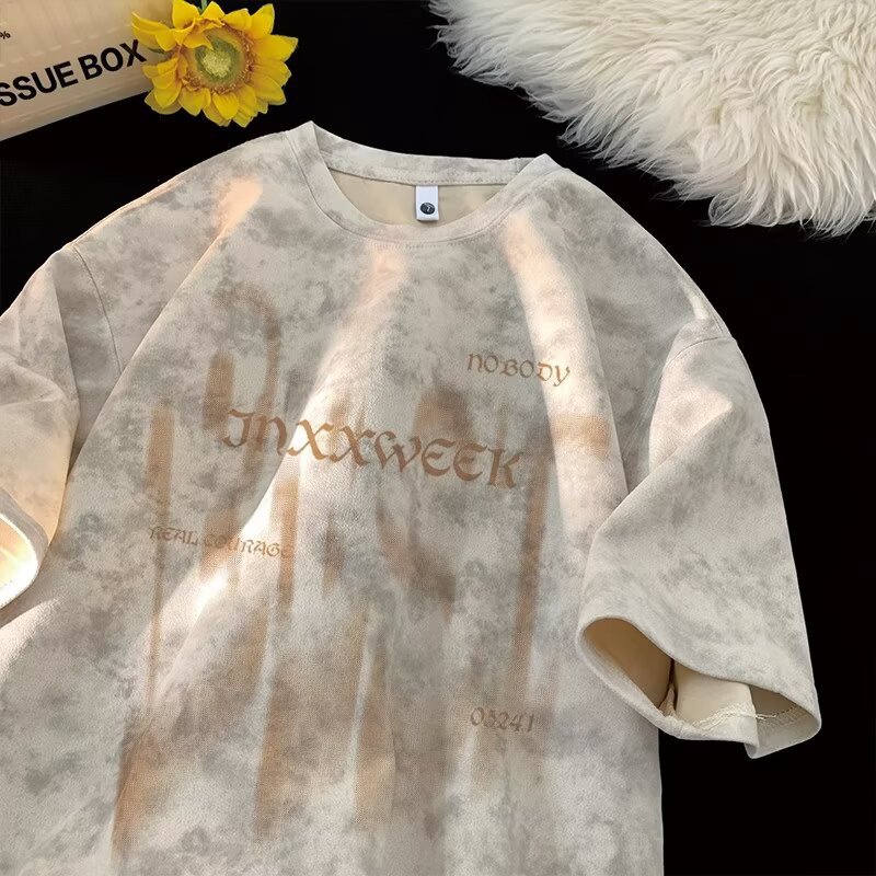 Summer trendy brand American heavy-duty pure cotton short-sleeved T-shirt for men, loose large-sized half-sleeved washed distressed T-shirt base layer pic 11