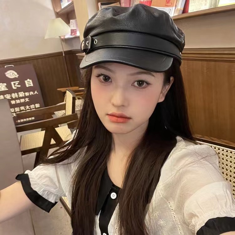 外贸黑色PU全皮海军帽男英伦皮扣鸭舌帽时尚八角帽女春秋休闲皮帽详情2