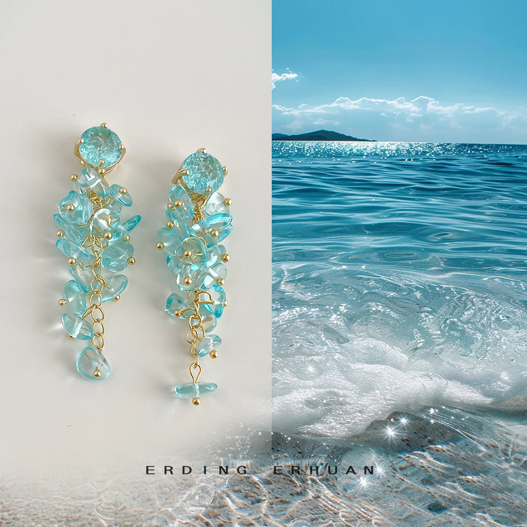 【 Ocean Series 】 Original design, handcrafted long tassel glass crystal earrings, elegant and sweet earrings pic 7