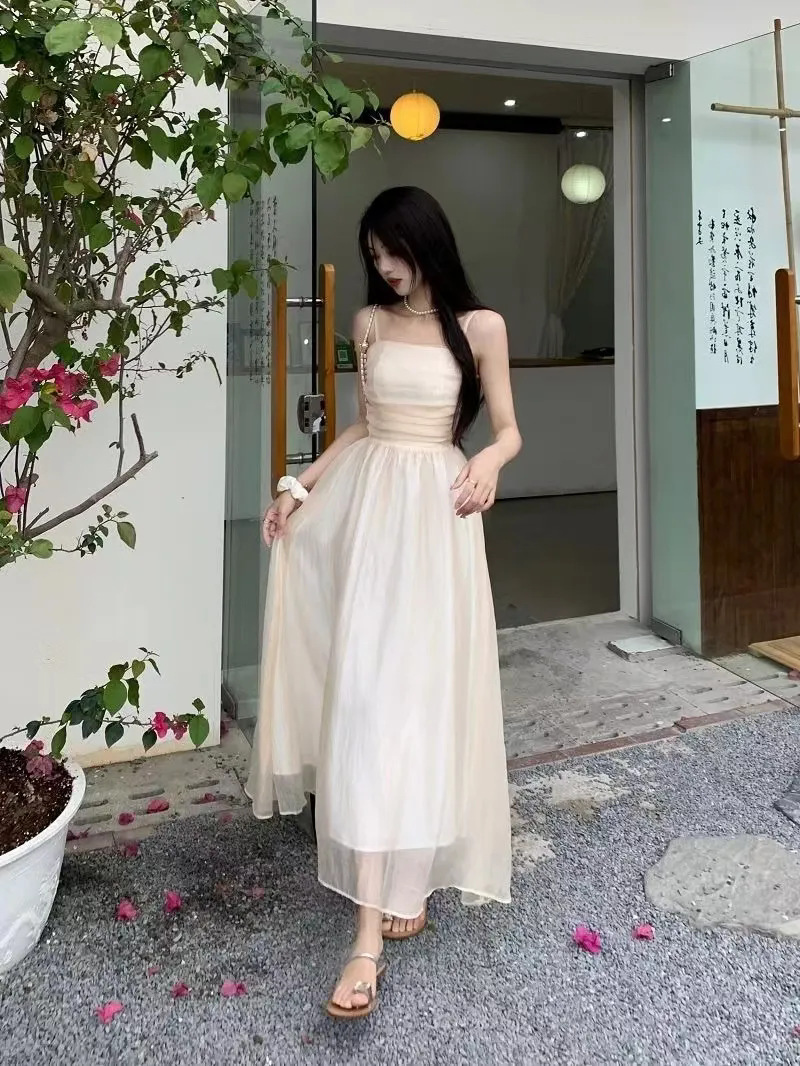 女装法式白色吊带长裙夏新款2024气质收腰显瘦纯色礼服超仙连衣裙详情9