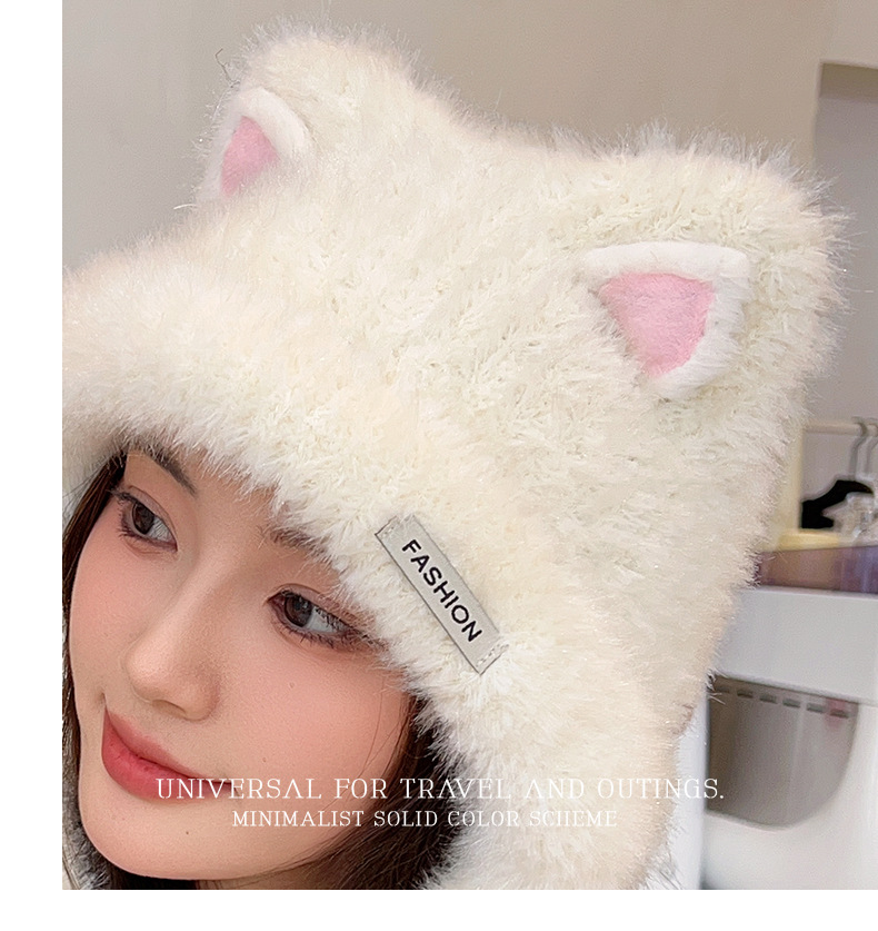 Brand [Sondona] Woolen hat, suitable for all ages, new winter style for women, cartoon and cute little cat, knitted woolen faux rabbit fur, warm ear-protecting hood pic 25