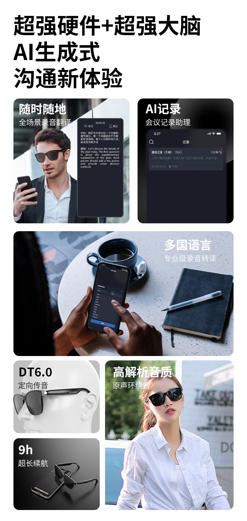 现代HY-C8AI智能翻译无线蓝牙眼镜耳机75国语言实时会议同声传译智能眼镜详情2