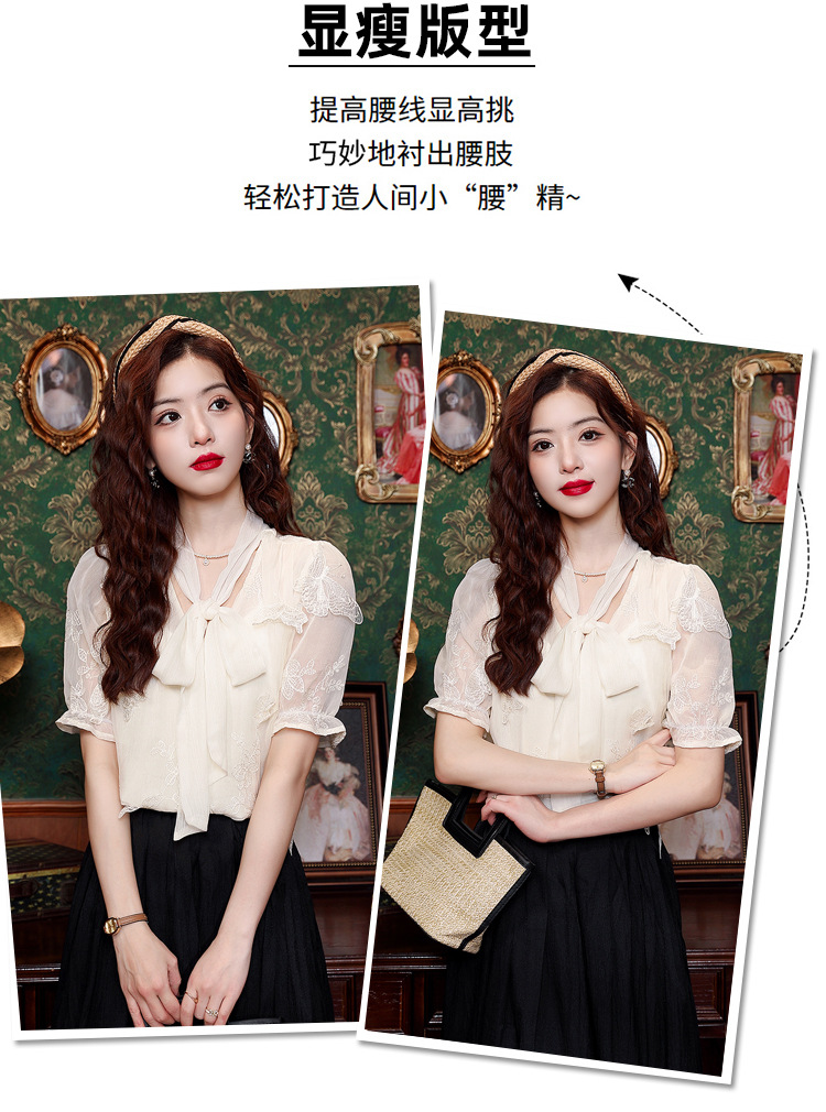 2024年夏季女装高级感蕾丝雪纺衬衫女设计感小众别致蝴蝶结衬衣详情6