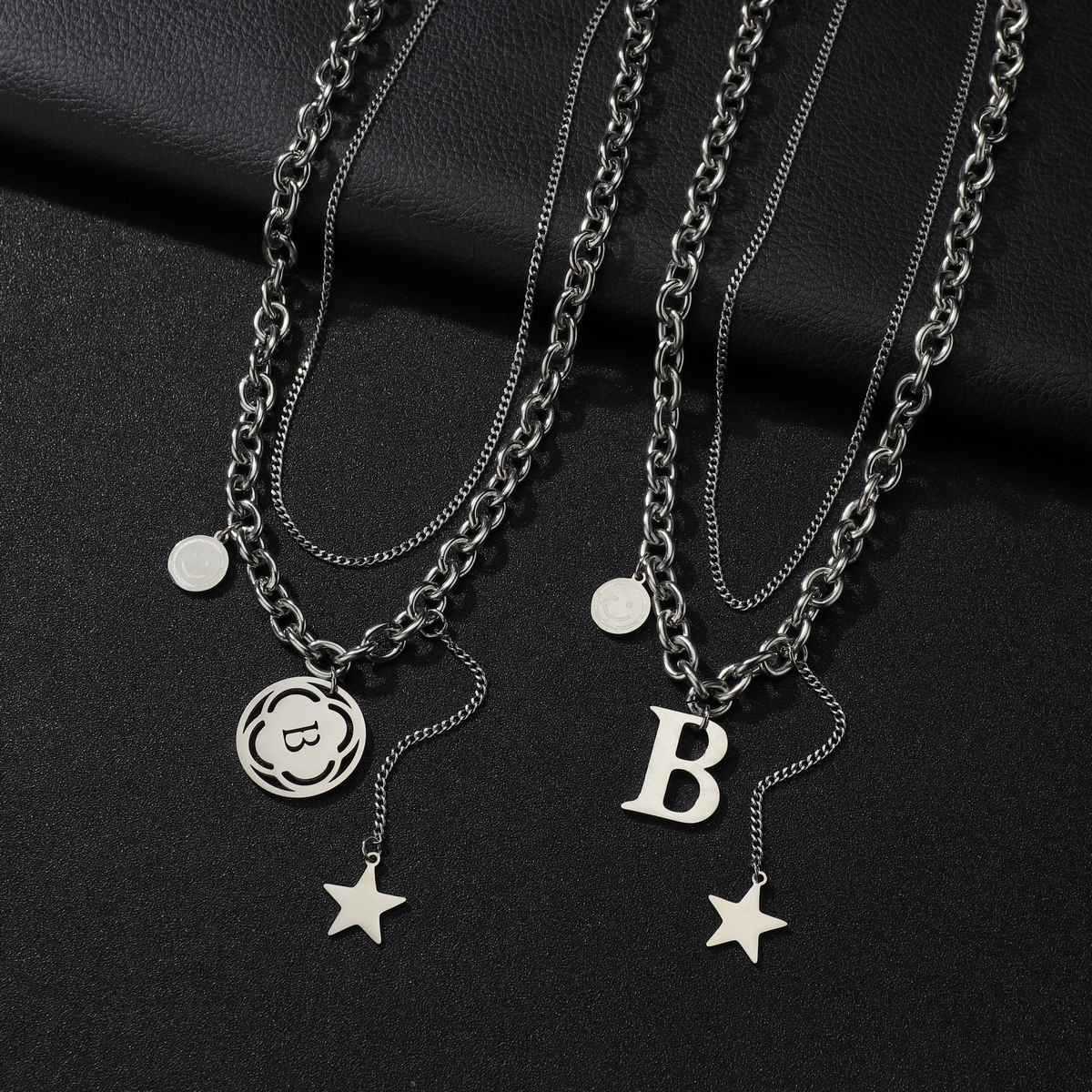 Cross-border supply titanium steel B-shaped double-layer necklace, couple necklace, NK chain punk hiphop stainless steel necklace pic 2
