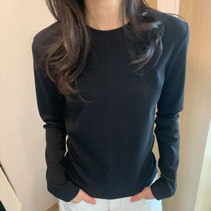 直播高品质圆领纯色打底衫女春秋新款叠穿内搭修身长袖t恤上衣详情4