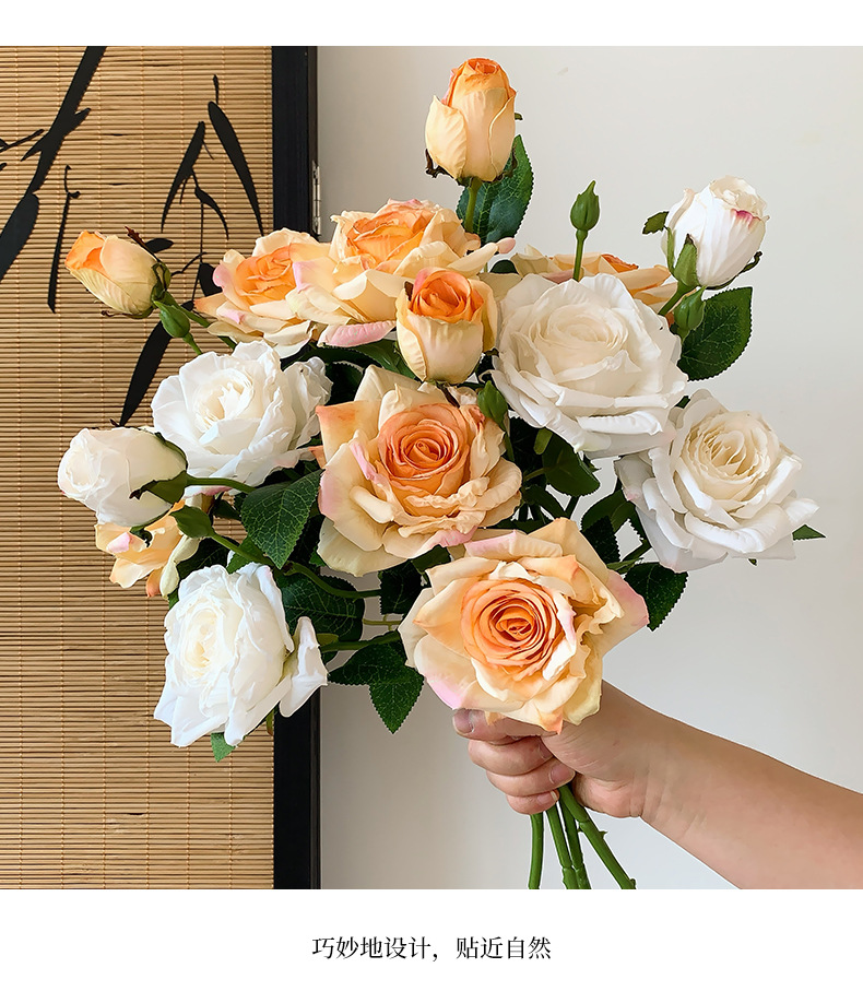 法式油画焦边3头玫瑰花仿真花干花假花花束摆设客厅装饰拍照道具详情11