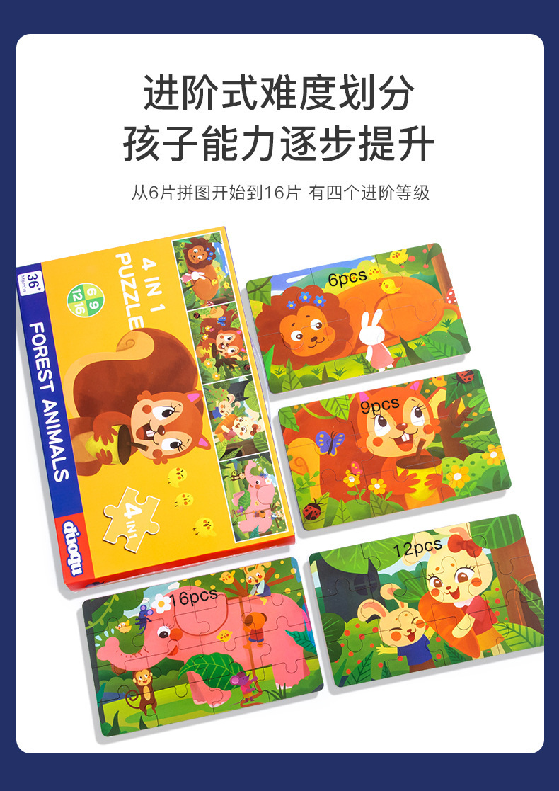 跨境亚马逊儿童早教四合一进阶恐龙交通拼图拼板礼盒送礼木质玩具详情3