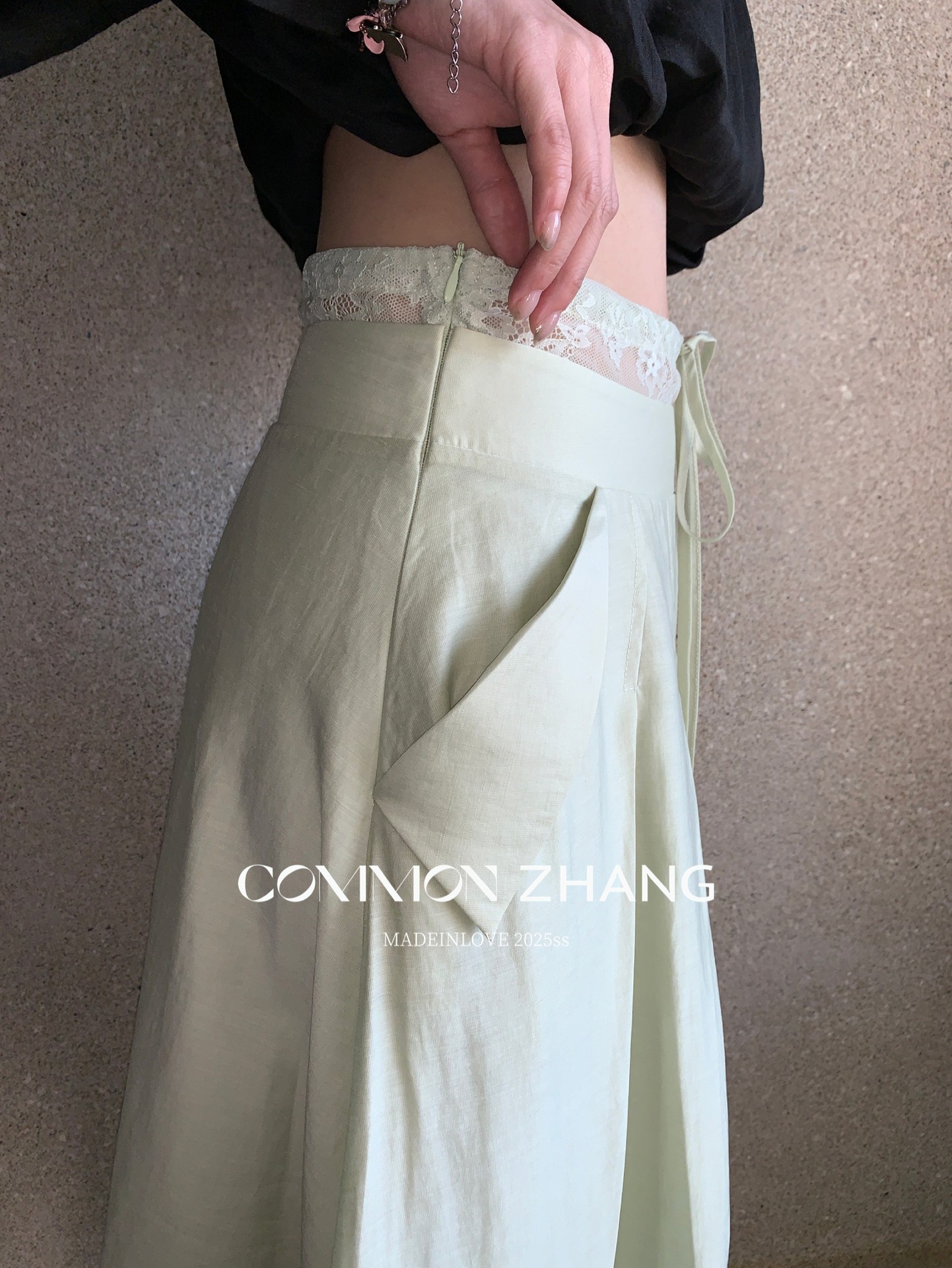 CZ ZHANG Summer French lace-up waist Tencel solid color low-waist A-line pleated skirt B22859 pic 7