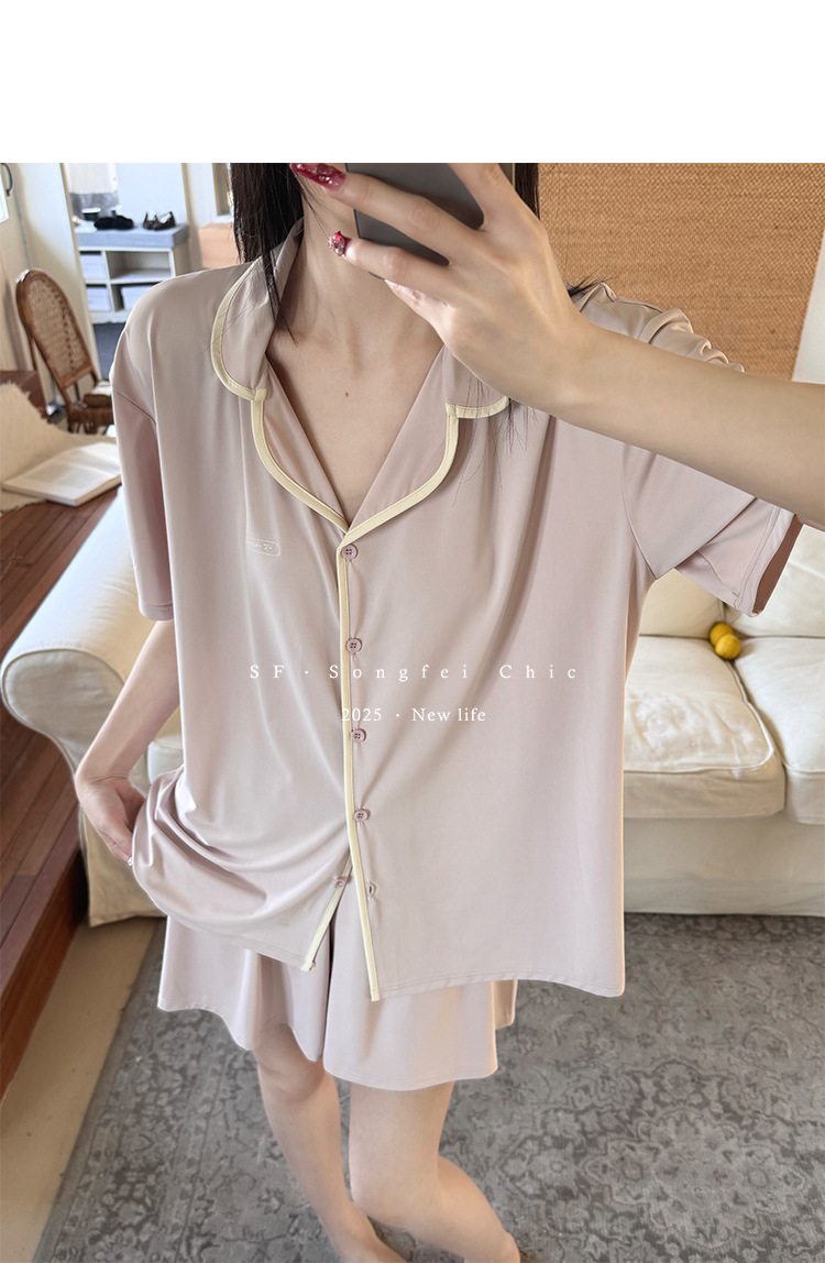 A two-piece set of casual wear for women in the original color ice leather, a summer pajama set with a cool and contrasting color, featuring new short-sleeved shirts and shorts pic 1