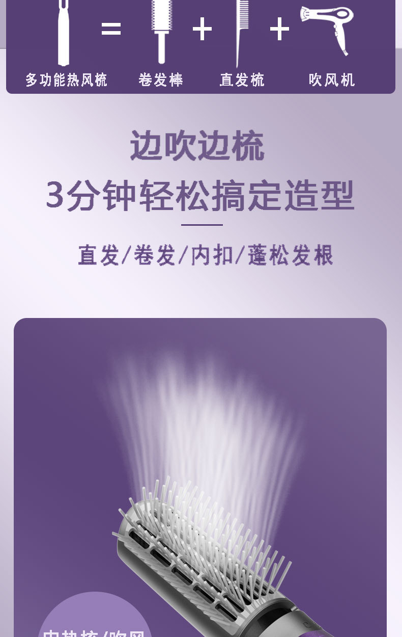 跨境三合一热风梳全自动卷发棒吹风机卷直两用大功率造型吹风机详情9