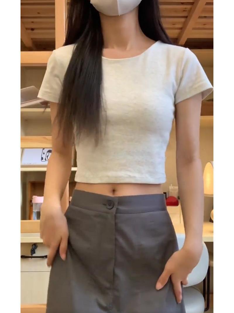 纯色辣妹正肩短袖T恤女夏季镂空美背带胸垫打底小衫短款上衣详情3