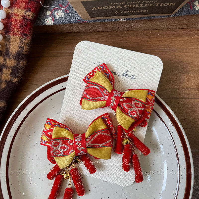 新款韩版红色系甜美蝴蝶结新年款发夹儿童布艺手工侧边碎发刘海夹pom.kr国潮醒狮龙纹红金发夹流苏珍珠装饰喜庆中式少女发饰详情10