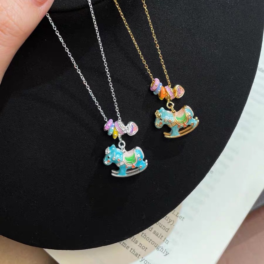 S925 sterling silver Joyful Wooden Horse Necklace, enamel color playful collarbone chain, niche design silver necklace, high-end and light luxury for women pic 2