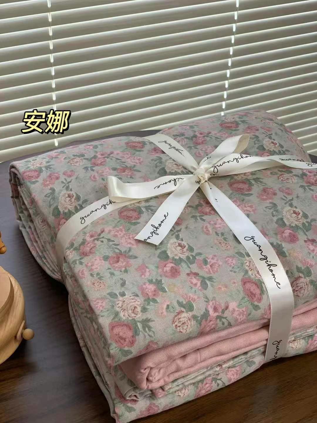 A set of three or four pieces with fresh small floral print double-layer yarn, pure cotton soft naked sleeping quilt cover and cartoon bedding pic 55