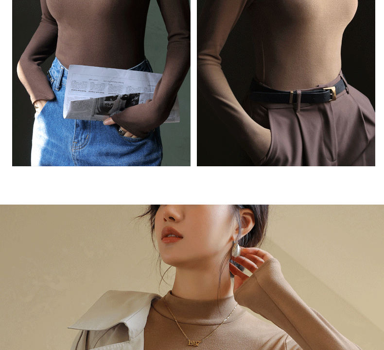 A semi-high-necked fleece base layer for women to wear as an inner layer in autumn and winter. It is a long-sleeved mid-necked solid color fitted base layer pic 28
