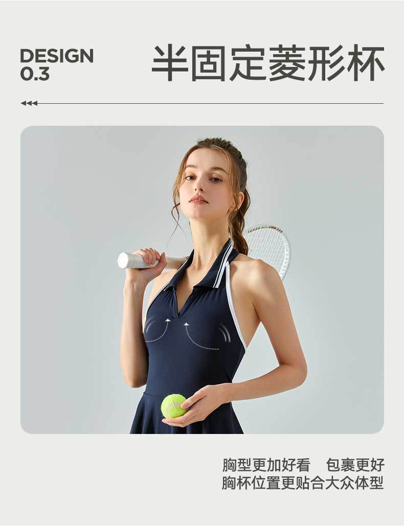 New halter-neck contrasting color lapel sports one-piece dress for women with chest pads, fitness, revealing back and anti-glare tennis dress pic 17