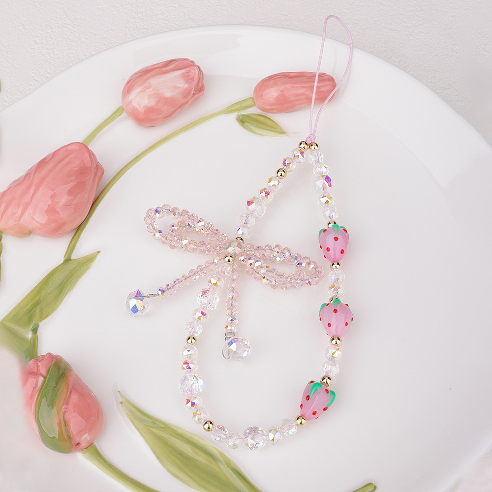 New cute glass strawberry watermelon phone chain, pink bow, beaded phone case, pendant, lanyard and pendant pic 4