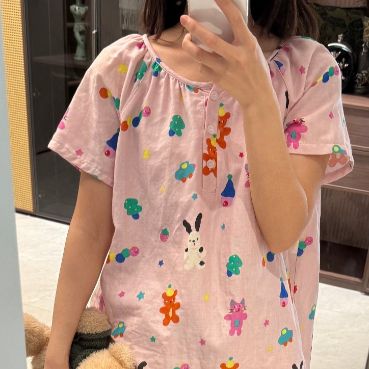 Class A all-cotton double-layer yarn round-neck pajamas, short sleeves, long sleeves, shorts, long pants, postpartum home wear set, cartoon breathable pic 22