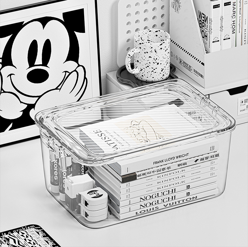 桌面收纳盒亚克力透明防尘带盖整理箱办公室桌文具书桌小杂物盒子详情11