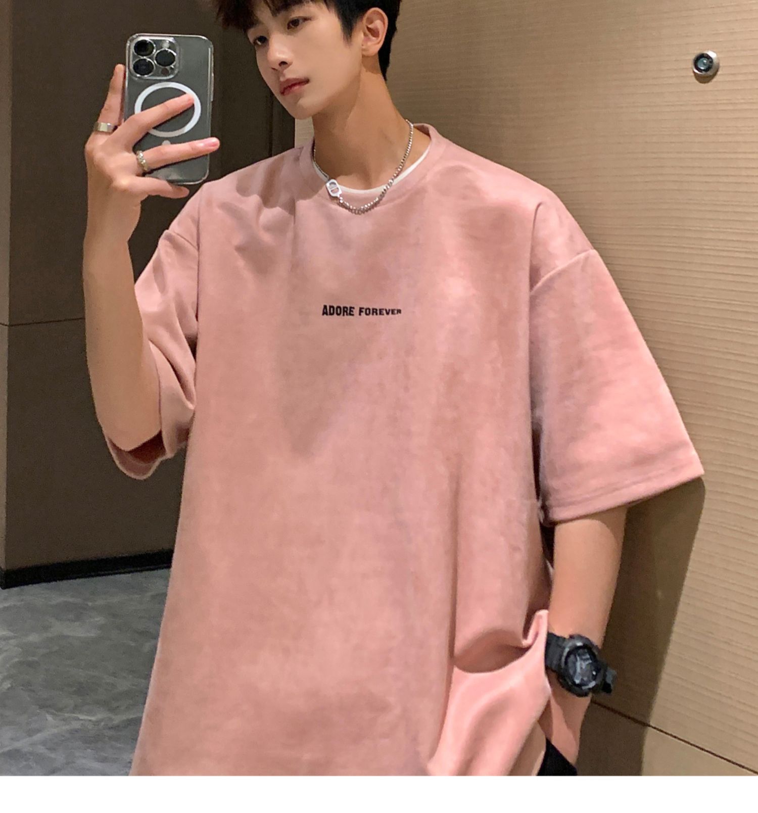 Avocado Green 320g heavyweight T-shirt for men, American retro suede short-sleeved, oversized small collar, three-quarter sleeve pic 36