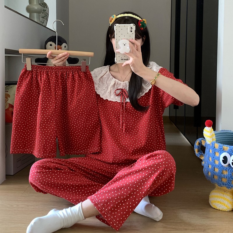 跨境外贸爆款三件套睡衣女短袖短裤长裤甜美大翻领蕾丝花边家居服详情16