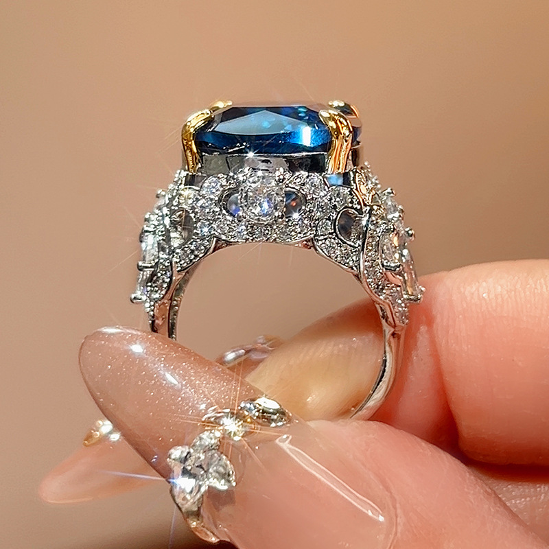 2025新款饰品戒指锆石女长方仿真蓝宝石帕拉伊巴高级感一件批发详情2