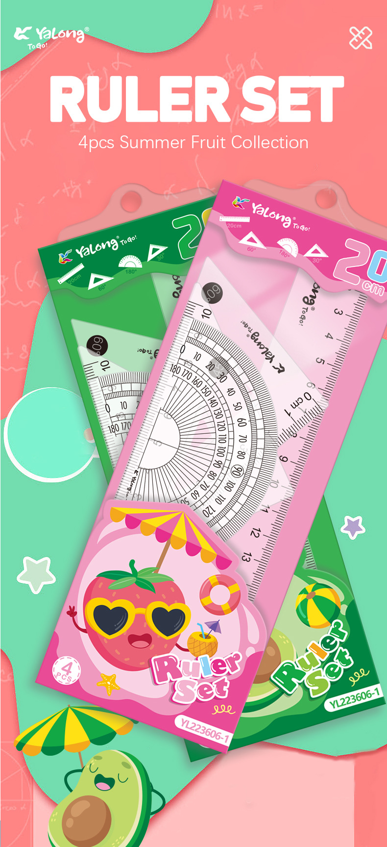Yalong Cross-border Student Wholesale 20 cm School Ruler Student Stationery School Ruler Cute Measuring Set pic 1