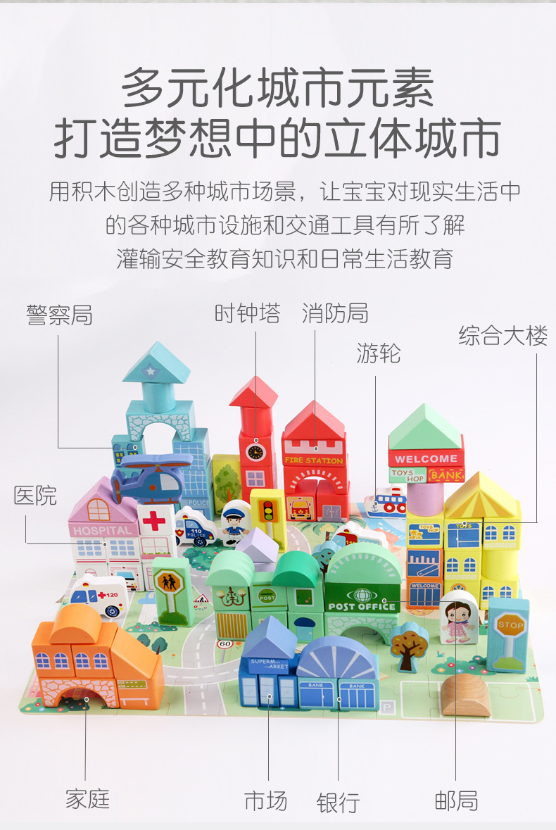 儿童100粒城市交通街景木制积木小学生搭建拼装学习益智建筑玩具详情4