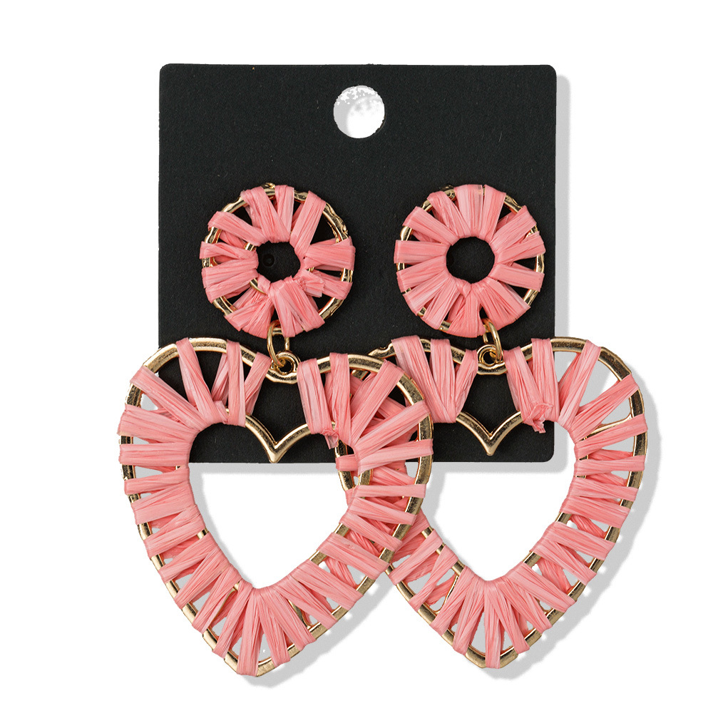 厂家直供欧美潮流气质拉菲草手工编织夸张爱心长款度假风耳环女饰品耳饰详情7