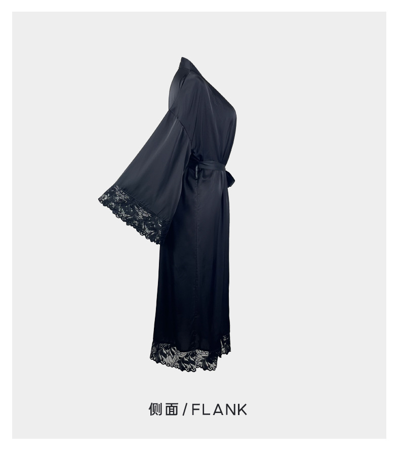 A black and white V-neck lace-trimmed mid-length, slit, light luxury and sexy nightgown for export, 682 pic 7