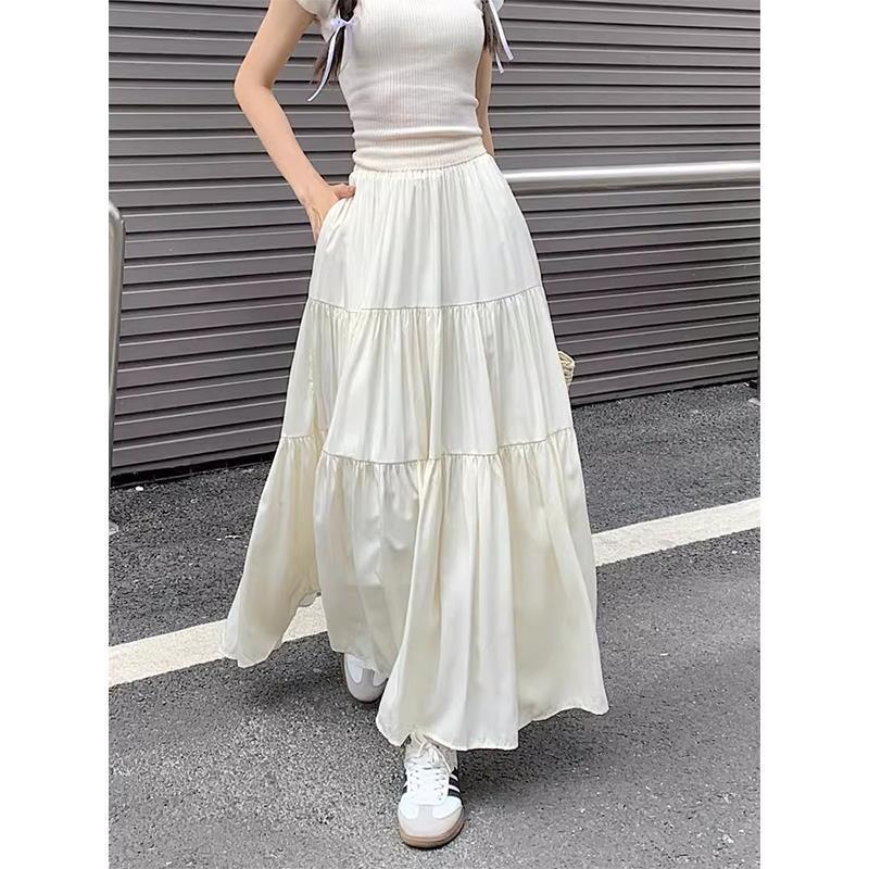 跨境显瘦修身休闲A字高腰半身裙女法式百搭纯色气质风褶皱长裙子详情13