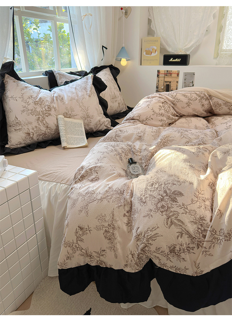 French romantic princess-style lace washed cotton four-piece set, small floral skin-friendly quilt cover, dormitory three-piece set, bed skirt style pic 36