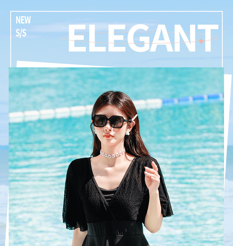 大码泳衣高级感连体平角夏季度假游泳衣遮肚显瘦保守裙式温泉泳装-028470详情2