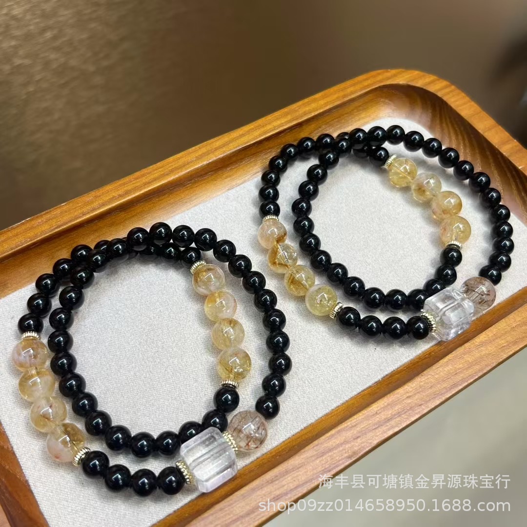 天然黑曜石双圈手链搭黄塔晶黑金超手串白水晶方糖时尚女批发直播详情4