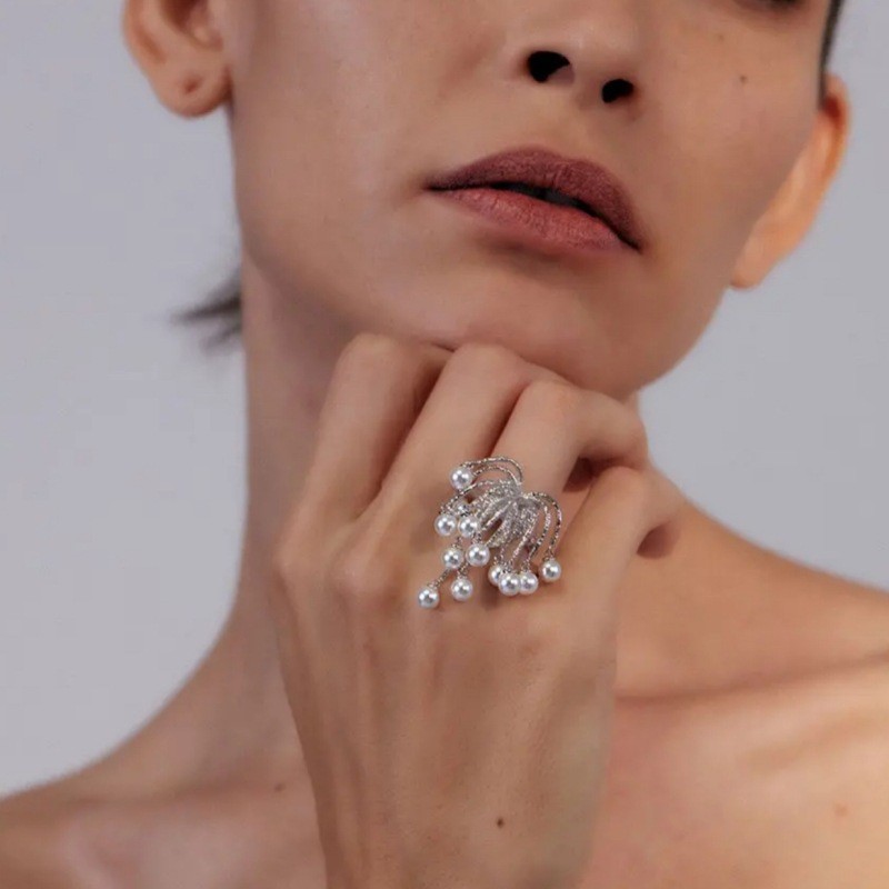 pinkdri**le同款流苏烟花瀑布耳钉小众925银针珍珠耳钉开口戒指女详情6