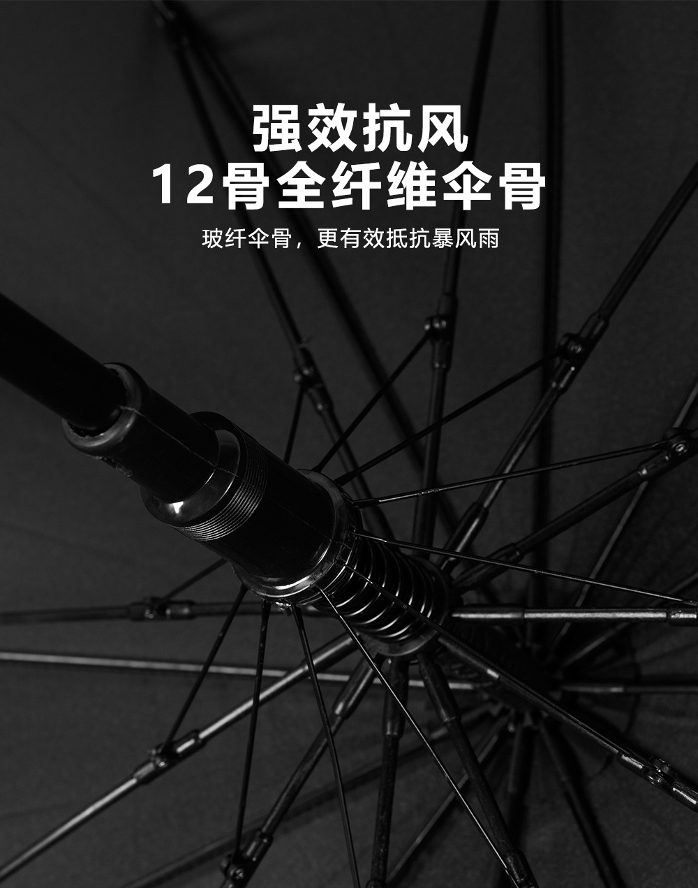 65cm25寸12骨黑色商务伞现货广告印刷logo晴雨伞批发大伞面纤维骨详情3