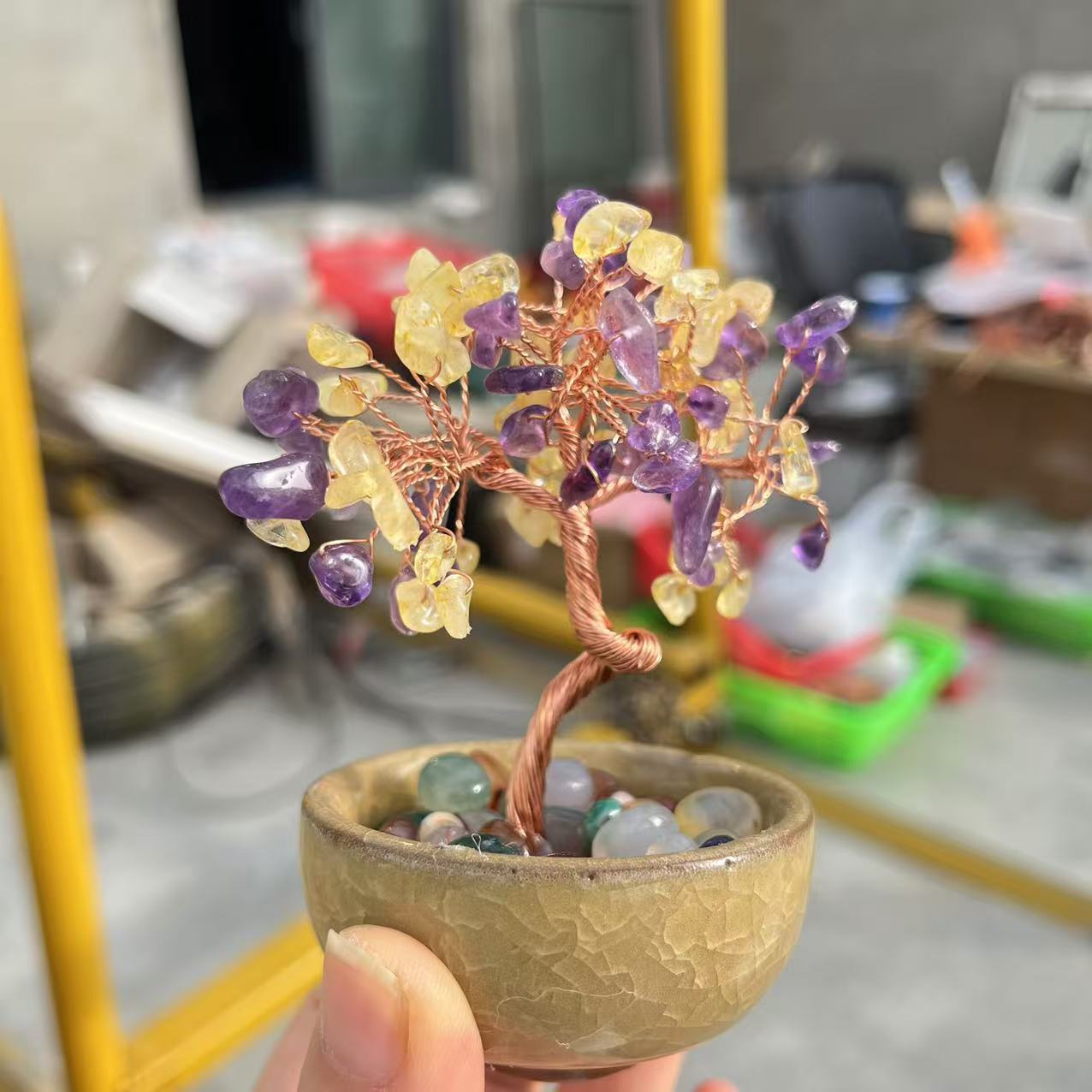 新品热销聚宝盆茶盏底座紫水晶发财树摆件桌面水晶生命树创意艺品详情8