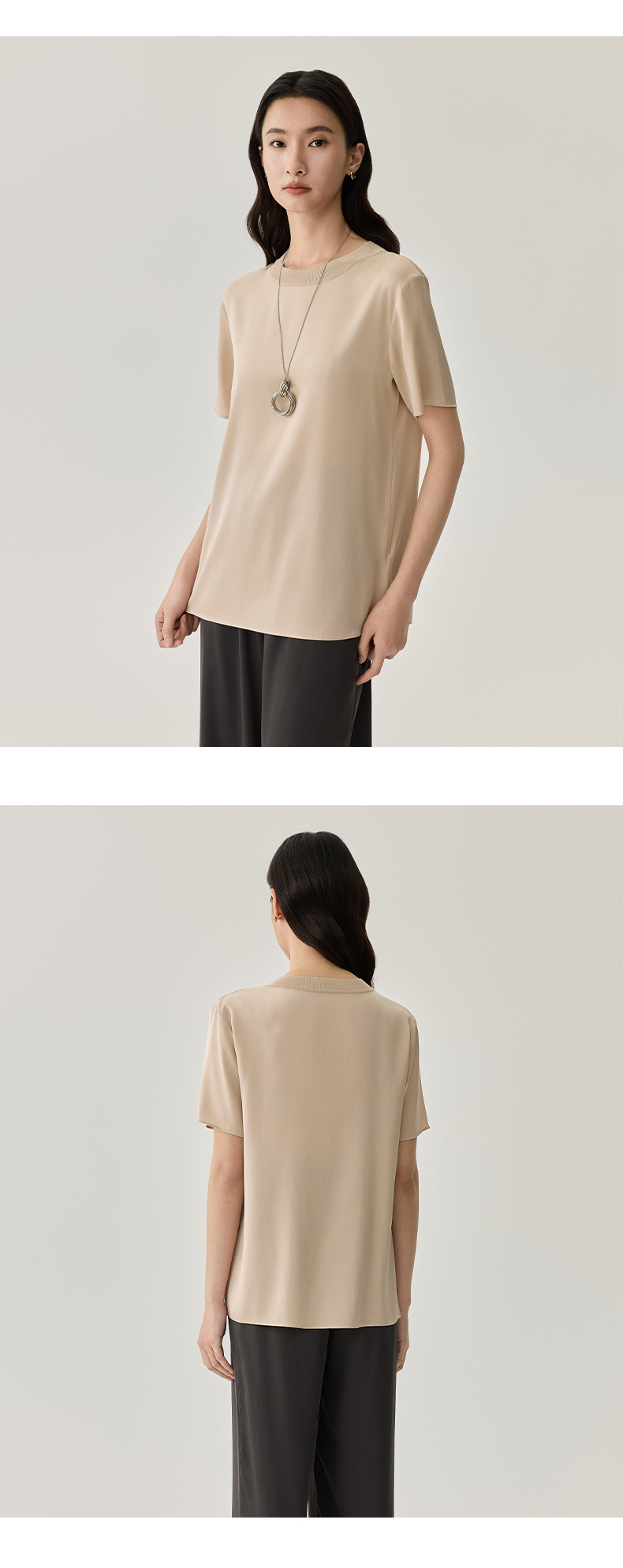 春夏季新品纯色桑蚕丝透气上衣 真丝简约短袖T恤时尚打底上衣女详情10