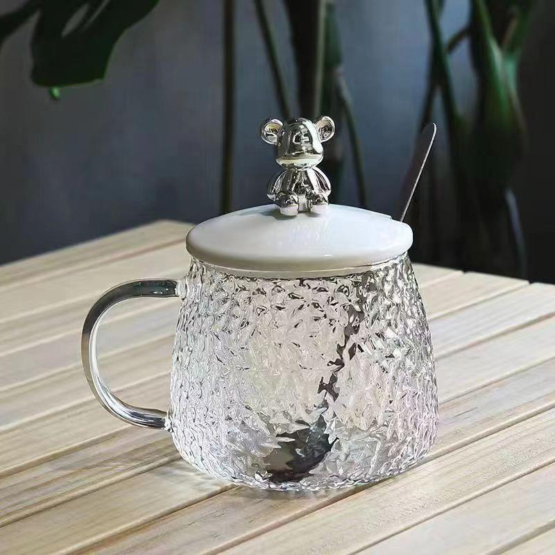 Creative ins glass mugs, bear water cups with handles, household breakfast cups with LIDS, popular welfare gifts pic 3