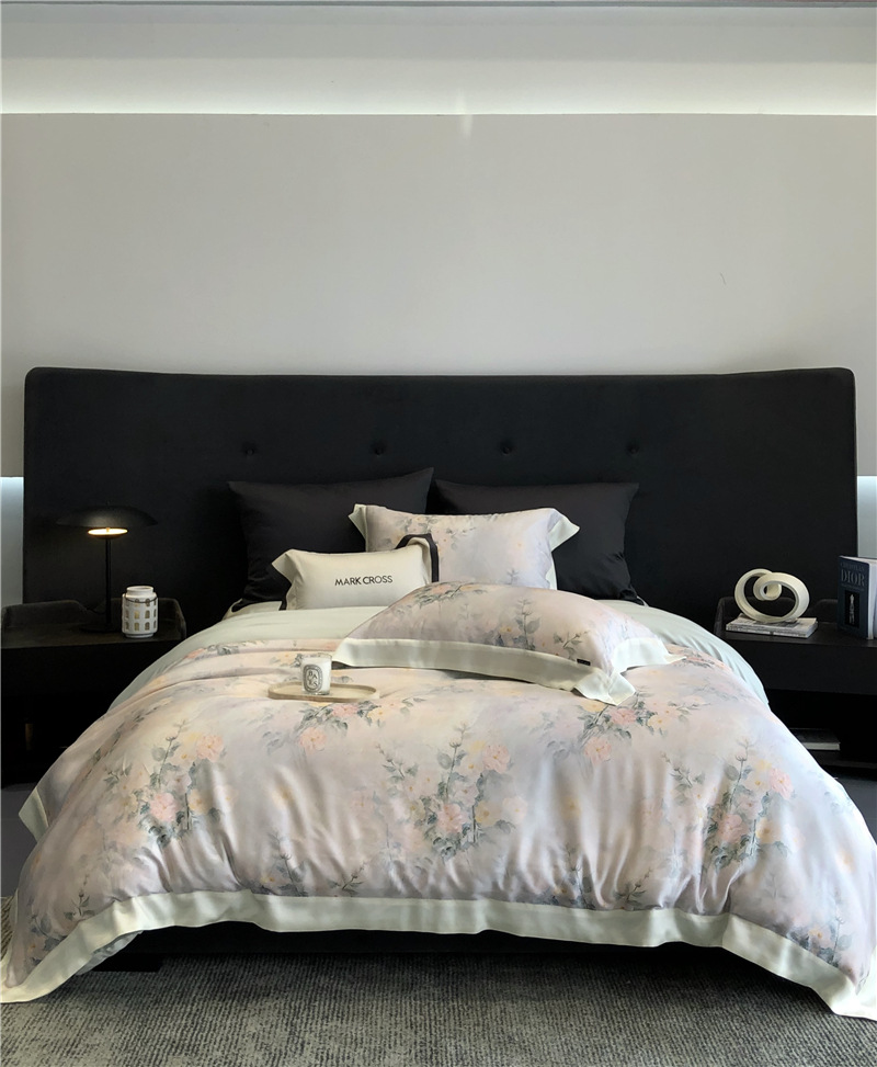 Cool ultra-fine denier Tencel summer light and cool condensation filament four-piece set, elegant printed sweat-absorbing nude bedding pic 16