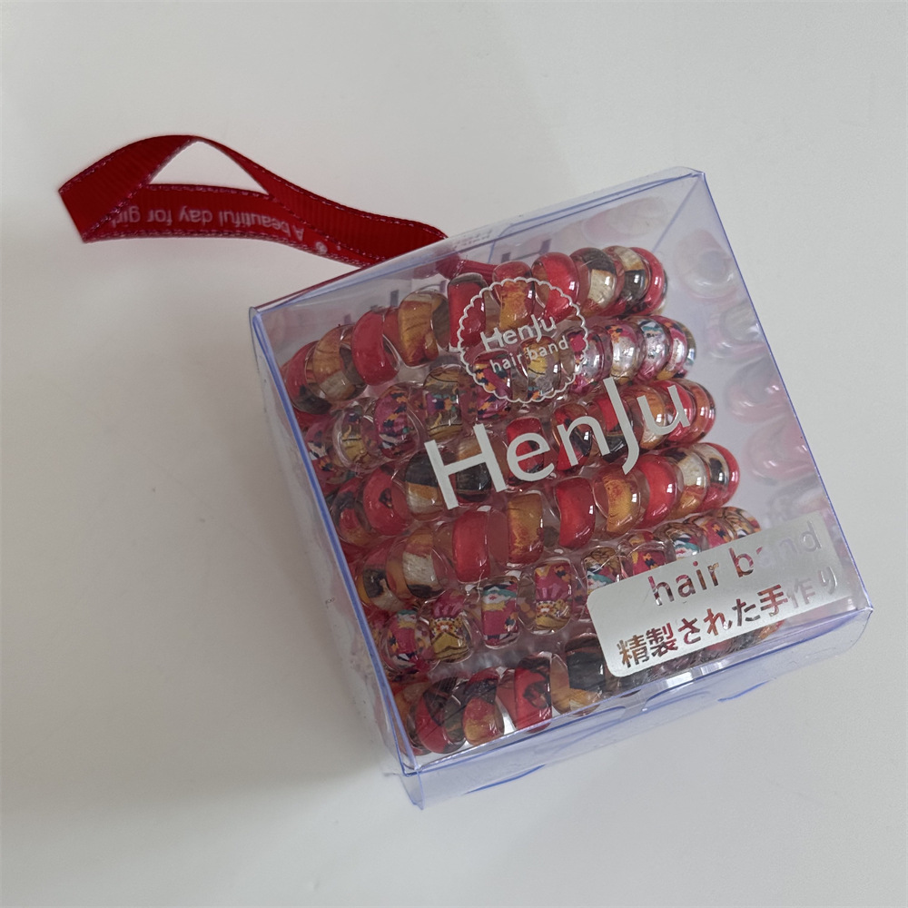 Floral, colorful, seamless telephone line hair tie, box-set hair band, new high-end style hair tie, high-elasticity rubber band headwear pic 10