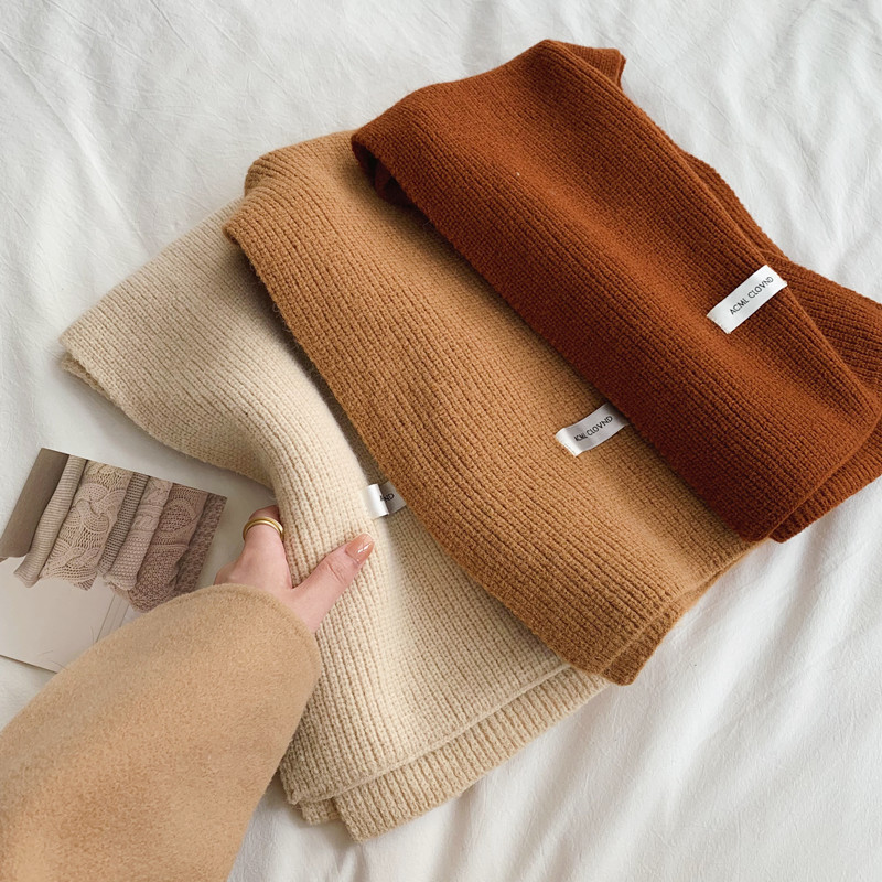 Korean-style solid-color knitted Japanese-style scarf for women in autumn and winter, ins, high-end and versatile, warm and thick woolen scarf, trendy pic 5
