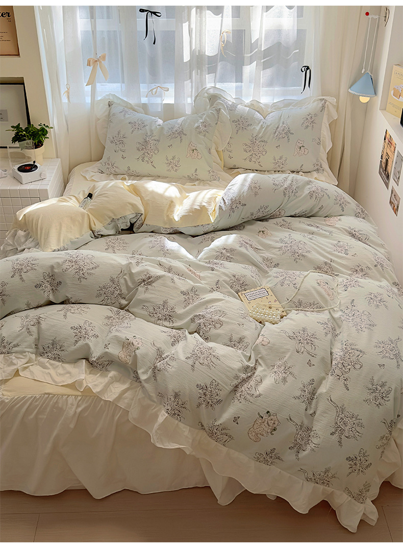 French romantic princess-style lace washed cotton four-piece set, small floral skin-friendly quilt cover, dormitory three-piece set, bed skirt style pic 11