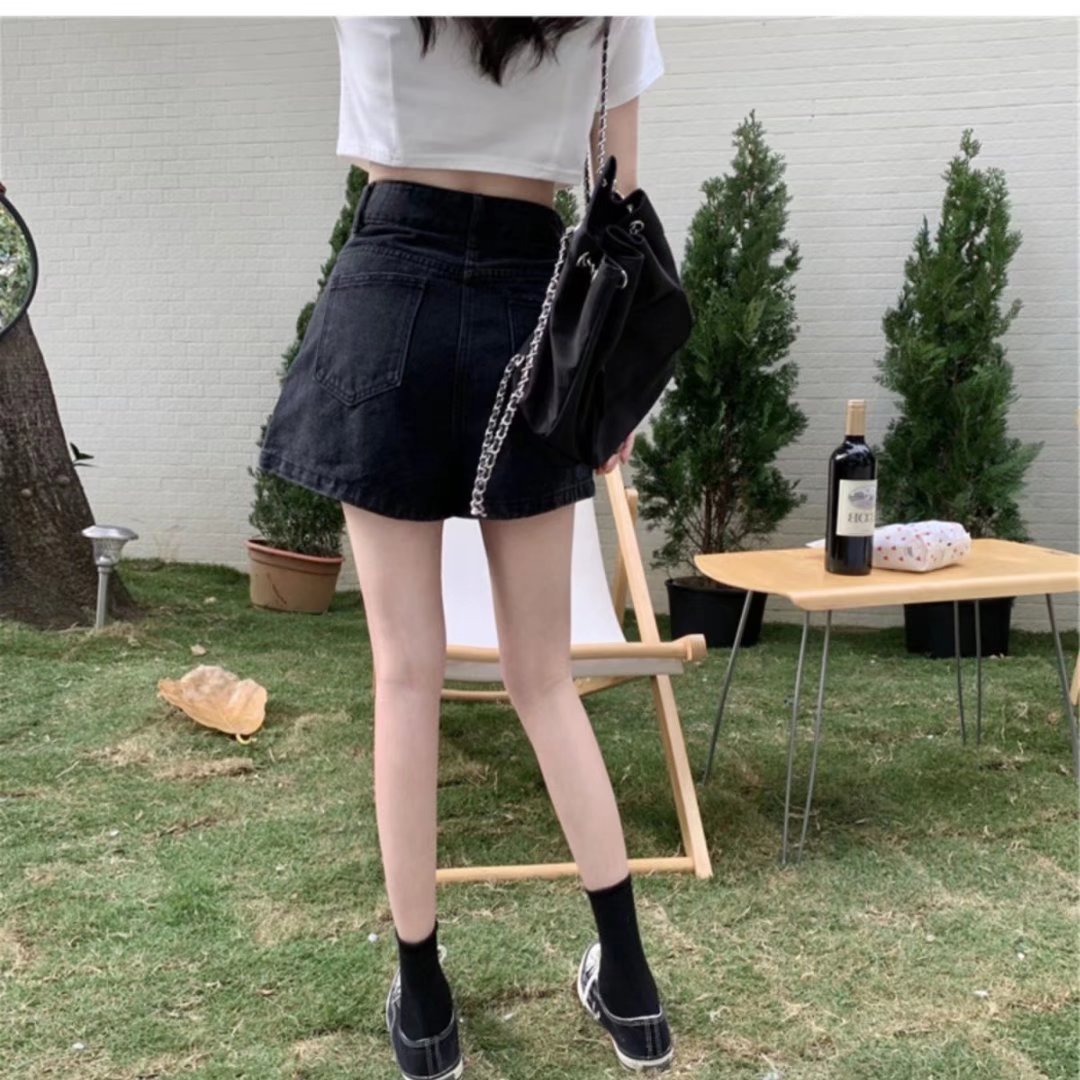 大码胖mm假两件裤裙显瘦半身短裤裙女夏季高腰牛仔短裙黑色a字裙详情6