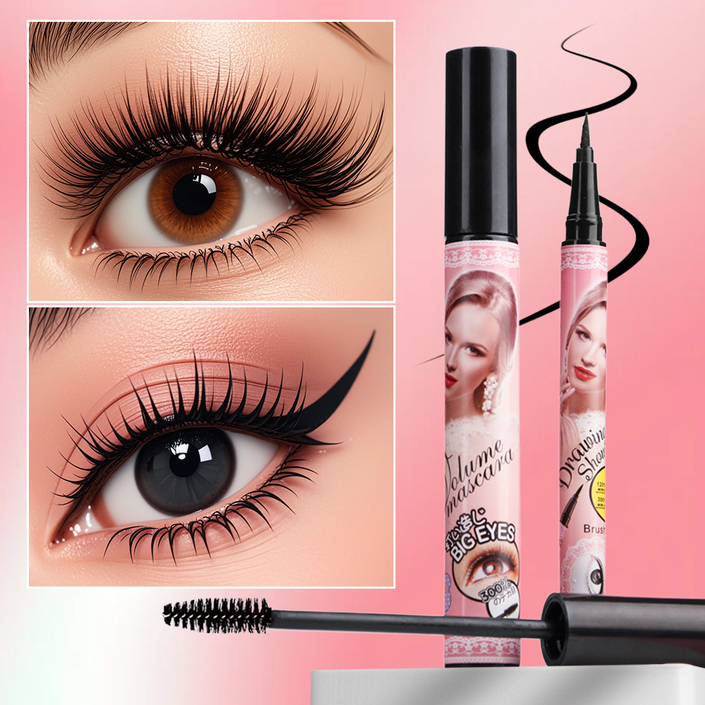 Cross-border makeup QICIY mascara + eyeliner pen, waterproof, thick, slender, curly silicone brush head, three-dimensional and natural pic 7