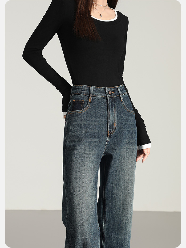 2025四季新款弹力高腰窄版遮肉显瘦刺绣阔腿牛仔裤休闲百搭拖地裤详情10