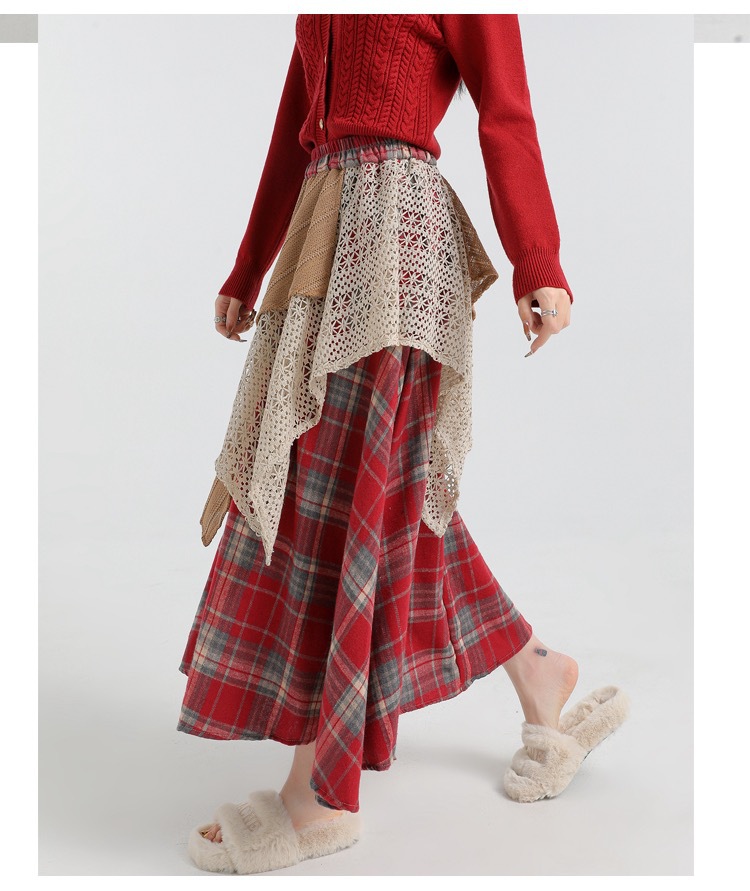 Forest-themed retro checkered skirt for women 2025 new autumn and winter design, irregularly pieced high-waisted A-line long dress pic 25