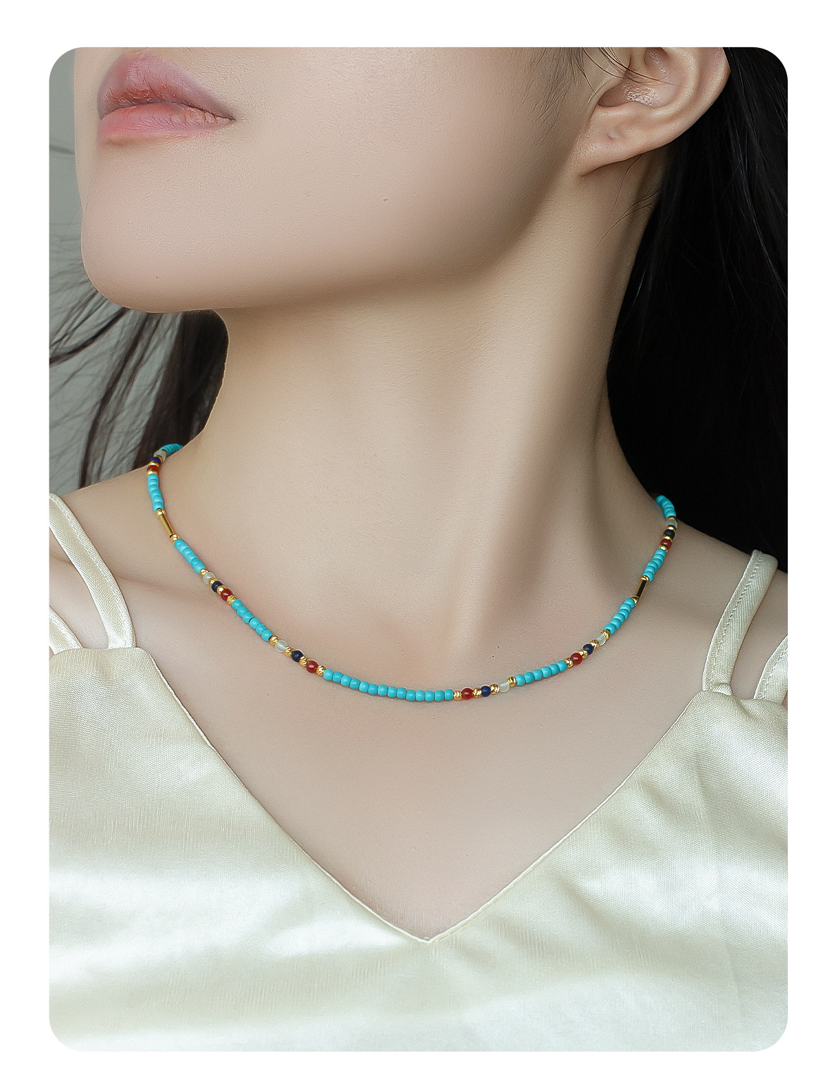 新款天然石彩色串珠项链 简约夏季小清新甜酷混色串珠锁骨链项链详情5