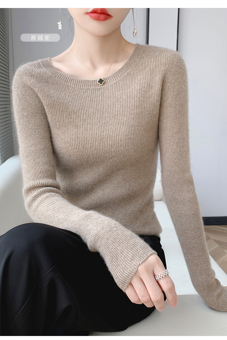 一线成衣100纯羊毛衫女圆领修身显瘦毛衣抽条V领羊绒针织打底内搭详情22